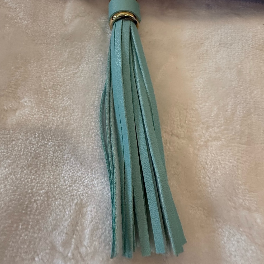 Aqua Balloon Dog Tassel Keychain with Faux Pearls & Gold Hardware –One of A Kind - Picture 6 of 9